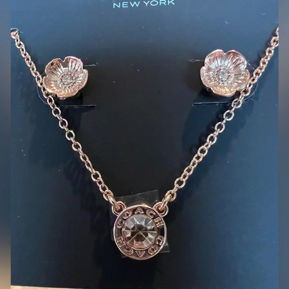 NEW Coach Open Circle Rose Gold Necklace Tea Rose Stud Earrings Set - Picture 5 of 9